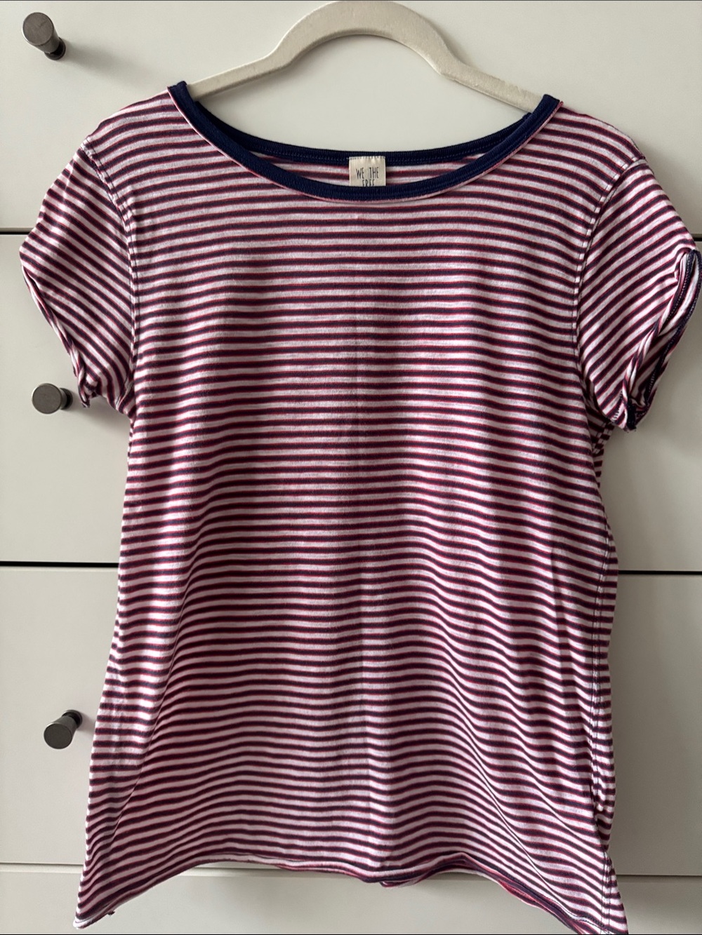 We The Free Pink and White Striped Short Sleeve Tee with Navy Trim